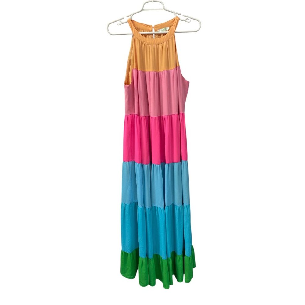 Colorblock Maxi Halter‎ Dress By Jade Small Sleeveless Tiered Design Lined